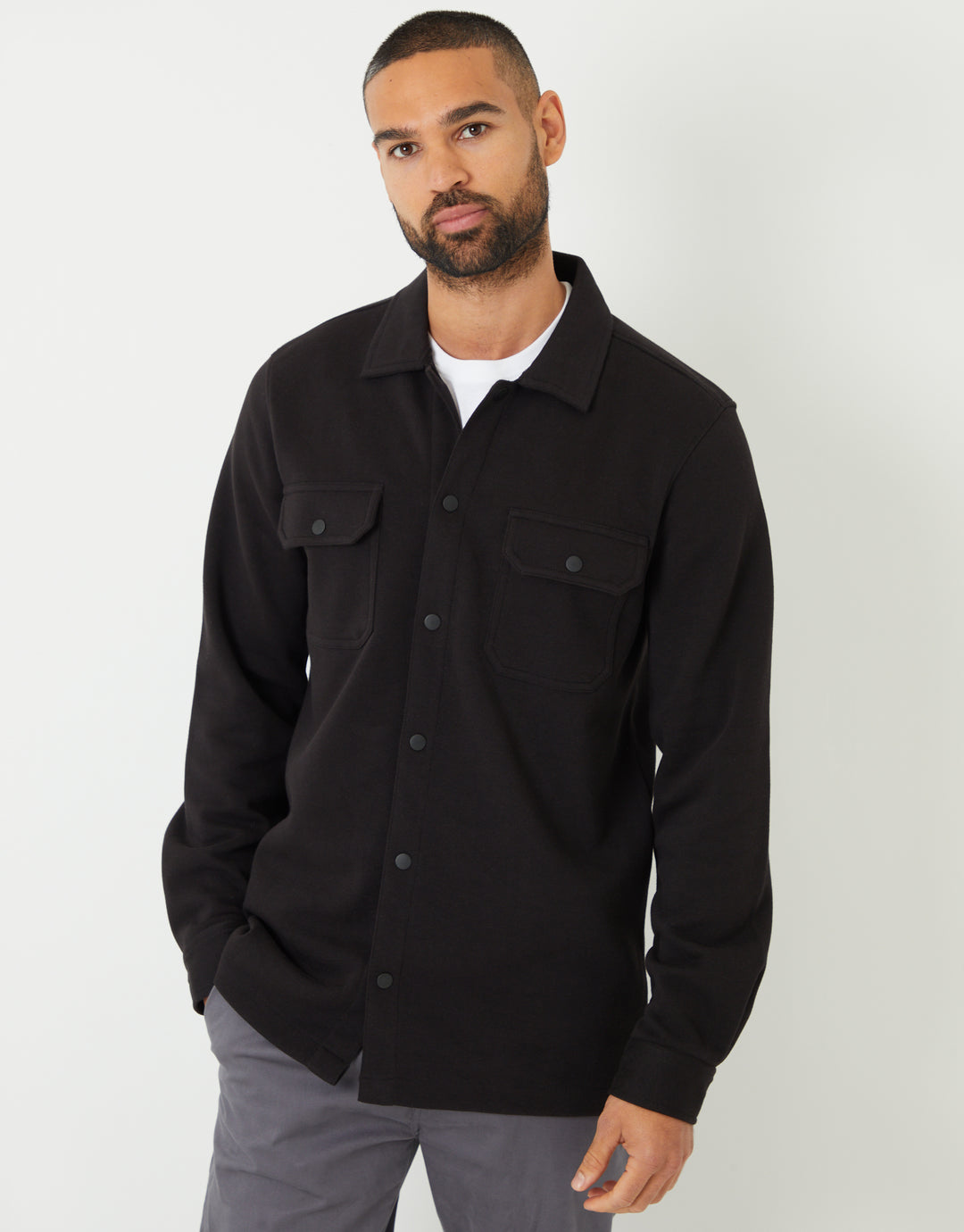 Black Pique Popper Fastening Shacket