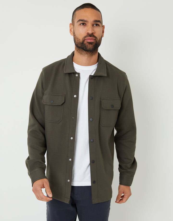 Khaki Green Pique Popper Fastening Shacket
