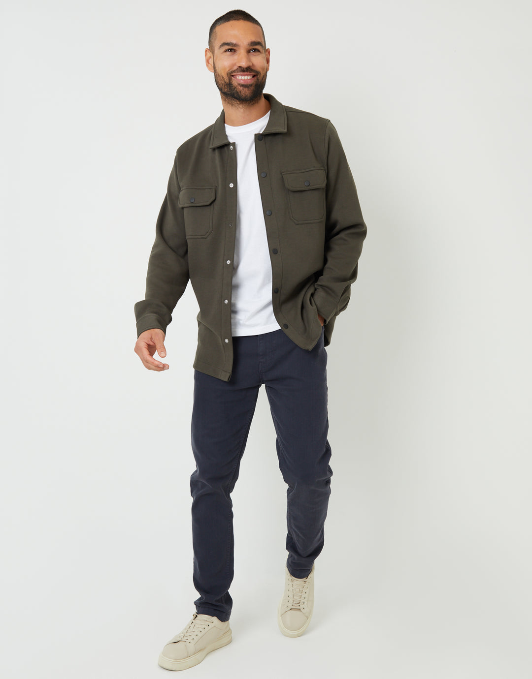 Khaki Green Pique Popper Fastening Shacket