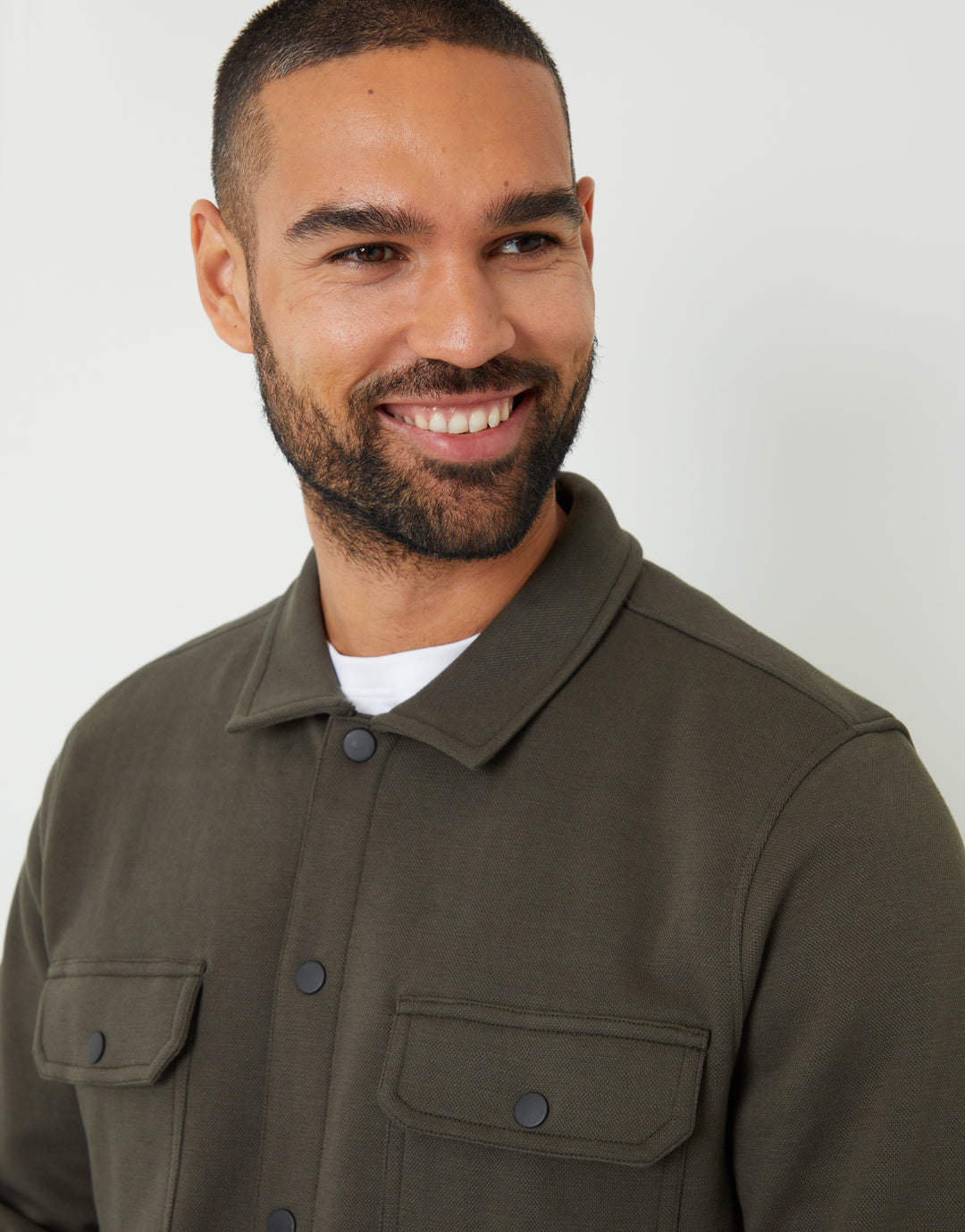 Khaki Green Pique Popper Fastening Shacket