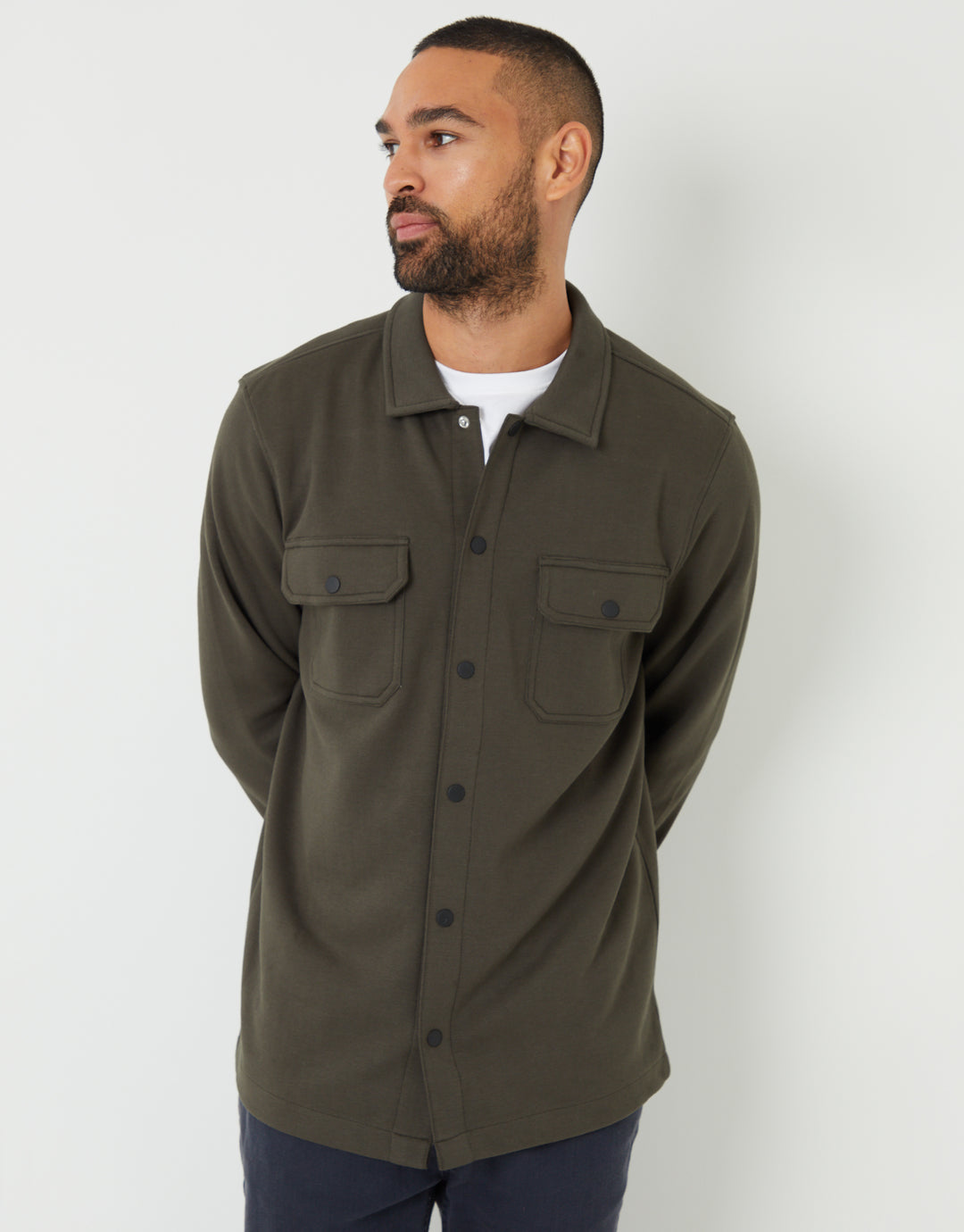 Khaki Green Pique Popper Fastening Shacket