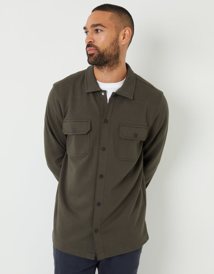 Khaki Green Pique Popper Fastening Shacket