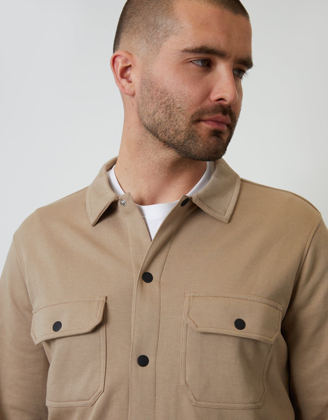 Stone Pique Popper Fastening Shacket