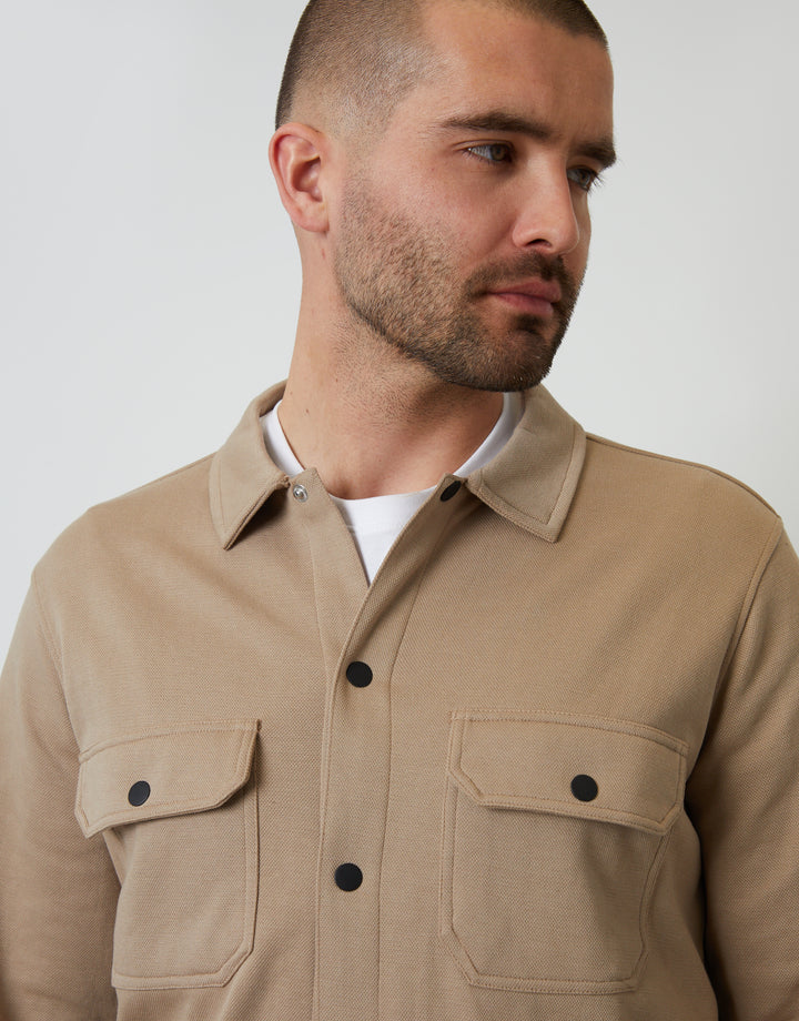 Stone Pique Popper Fastening Shacket