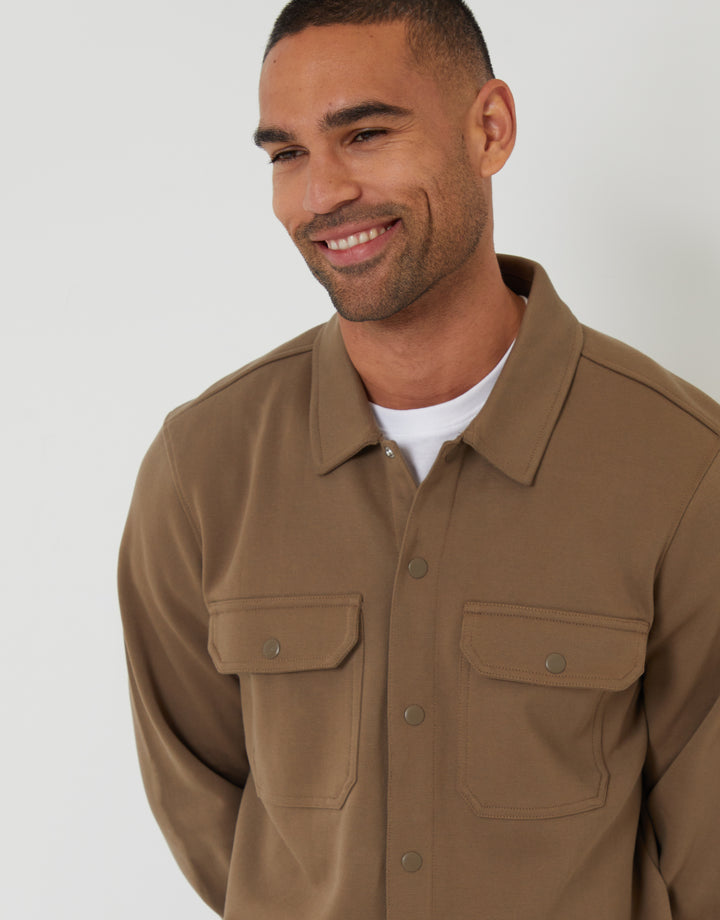 Taupe Pique Popper Fastening Shacket