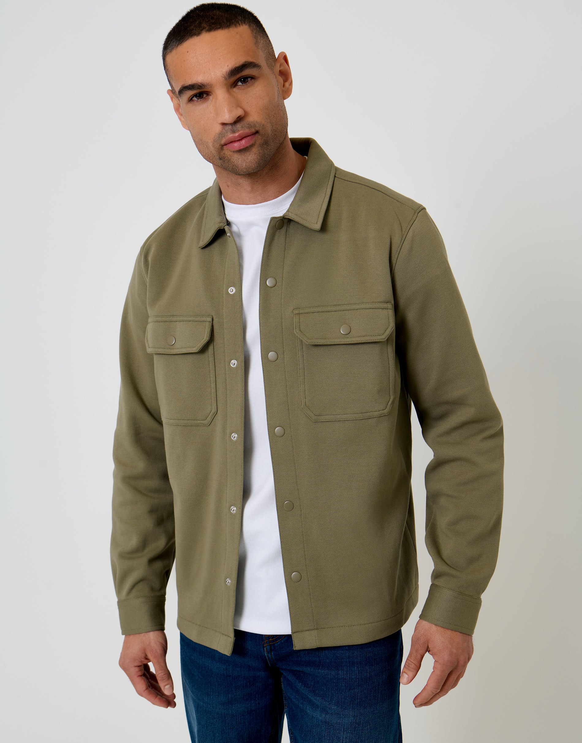 Pique Popper Fastening Shacket in Sage Green