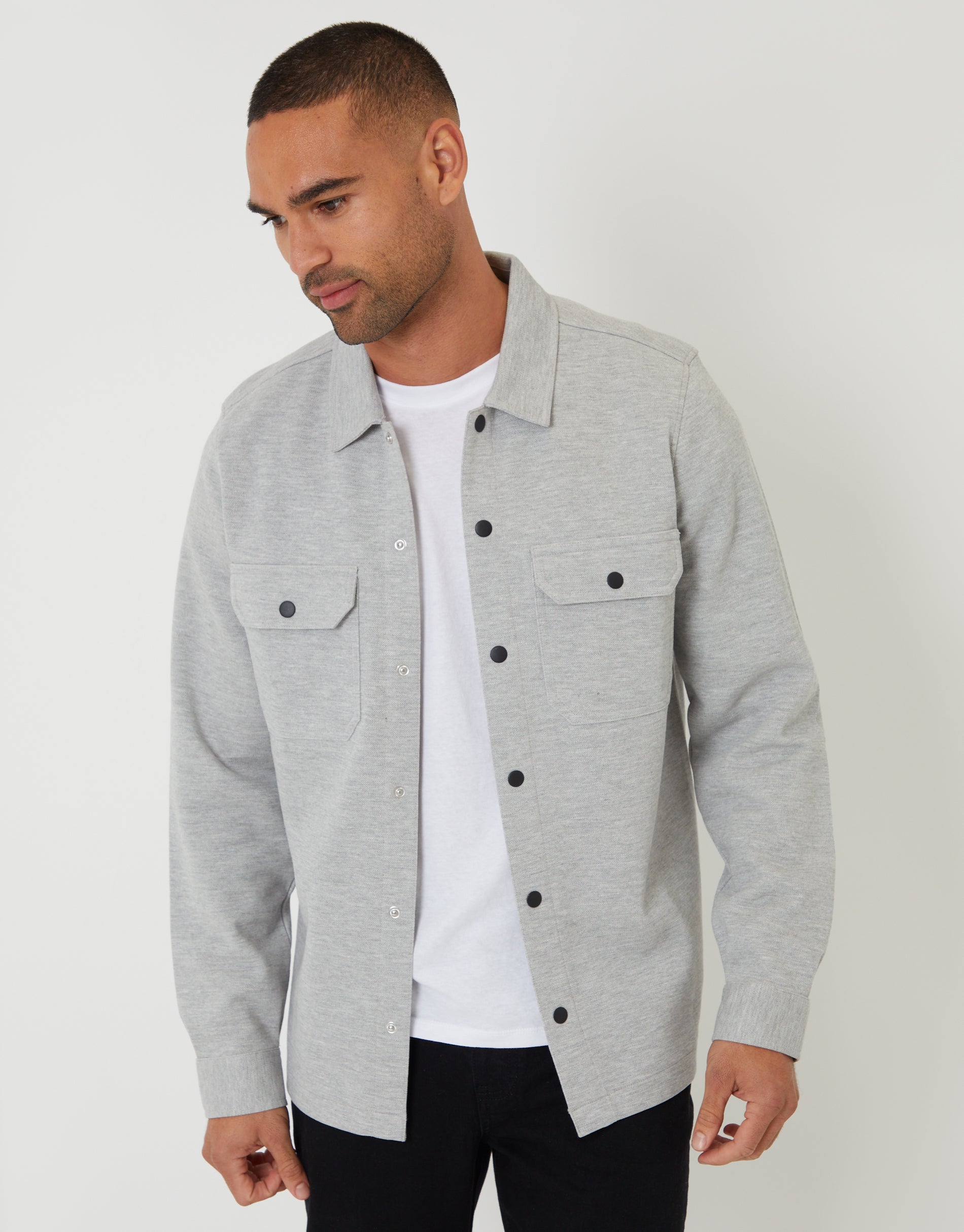 Pique Popper Fastening Shacket in Light Grey