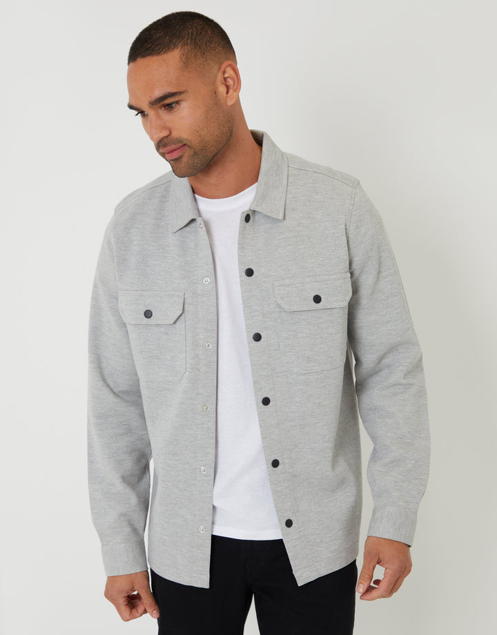 Light Grey Pique Popper Fastening Shacket