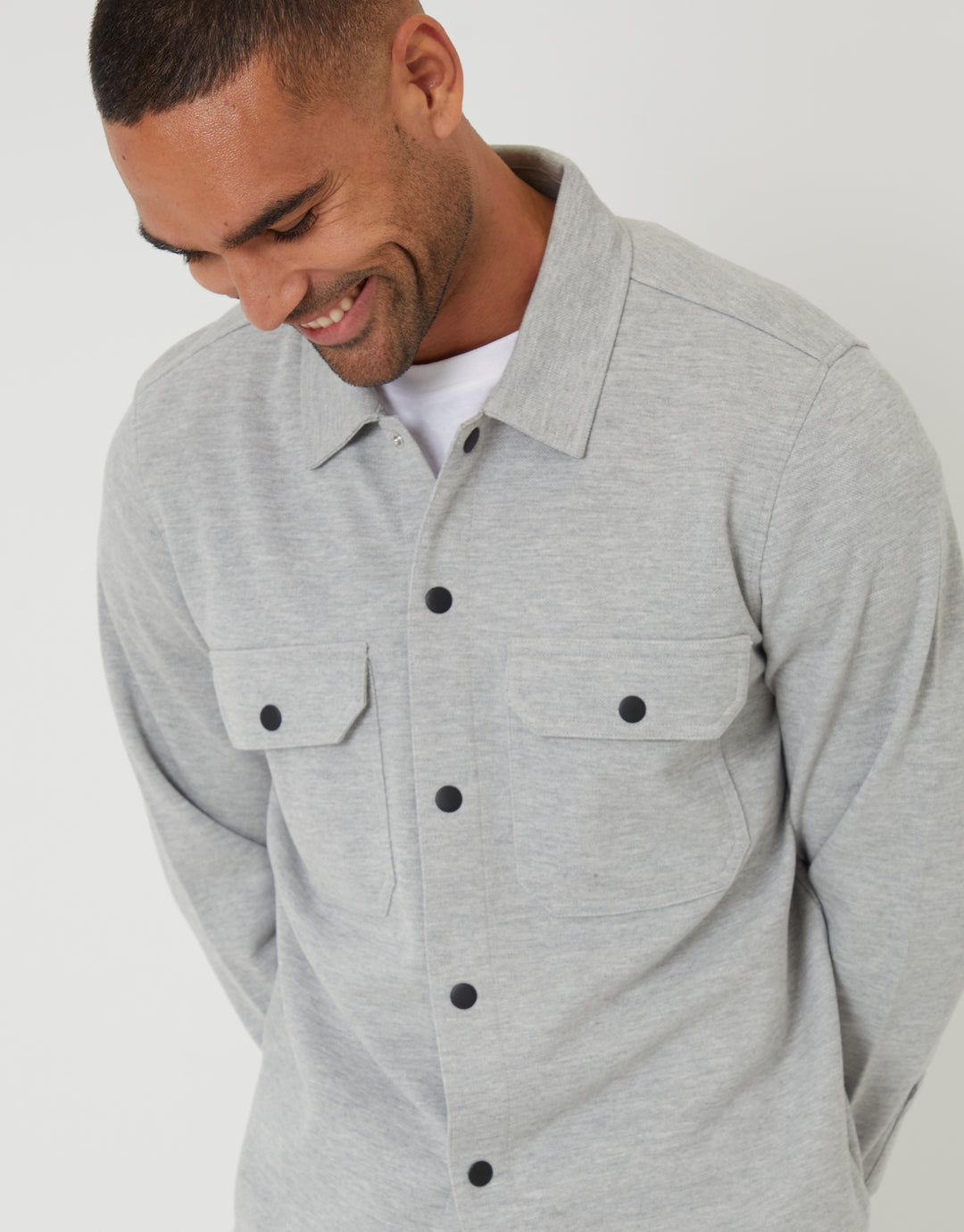 Light Grey Pique Popper Fastening Shacket