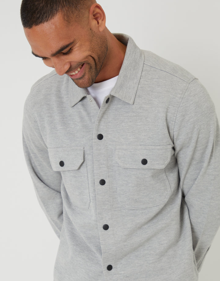 Light Grey Pique Popper Fastening Shacket