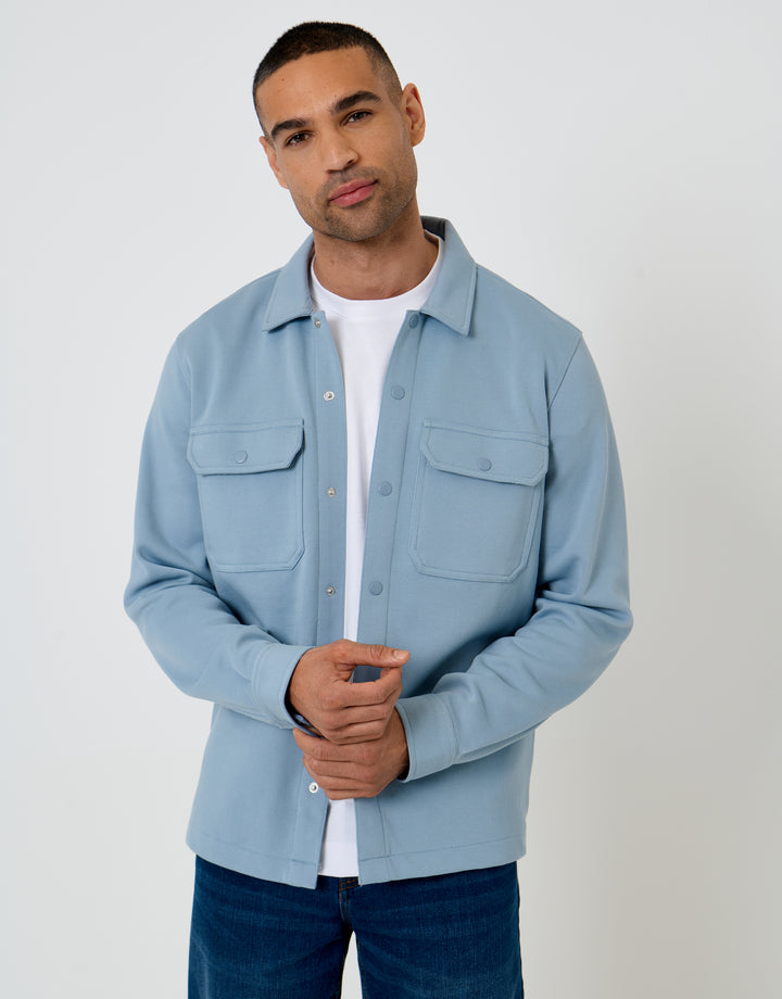 Threadbare Pique Popper Fastening Shacket in Dusky Blue - front view