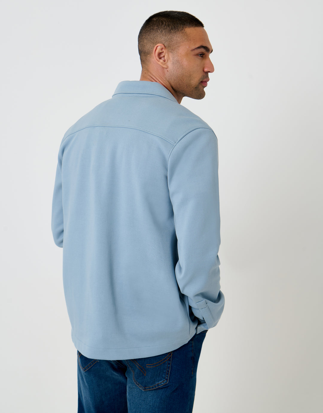 Threadbare Pique Popper Fastening Shacket in Dusky Blue - back view
