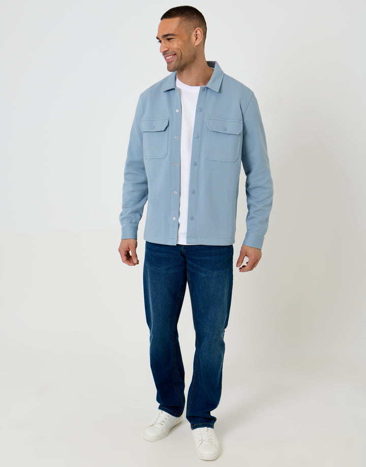 Threadbare Pique Popper Fastening Shacket in Dusky Blue - full body