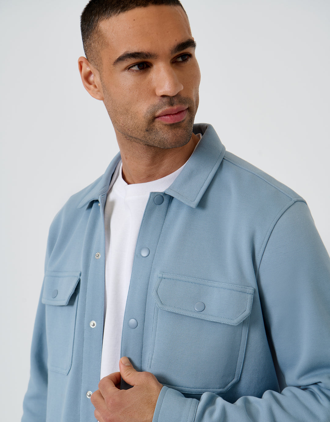 Threadbare Pique Popper Fastening Shacket in Dusky Blue - front view close up