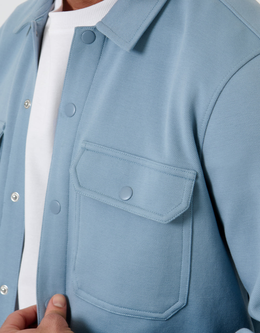 Threadbare Pique Popper Fastening Shacket in Dusky Blue - pocket close up