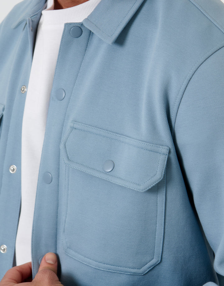 Threadbare Pique Popper Fastening Shacket in Dusky Blue - pocket close up