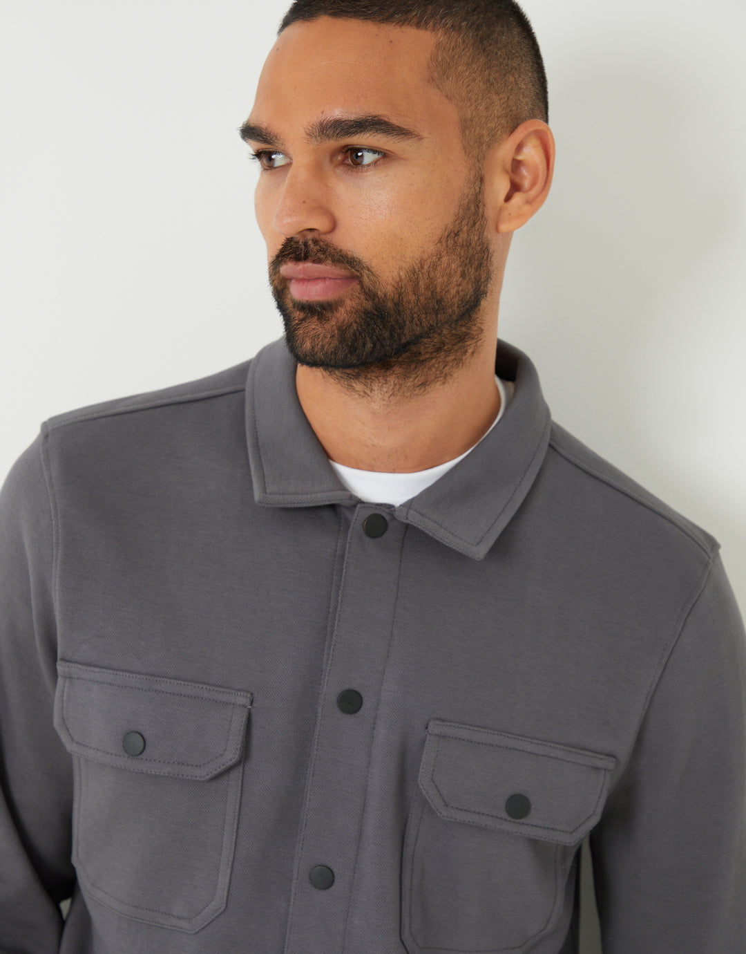 Slate Grey Pique Popper Fastening Shacket