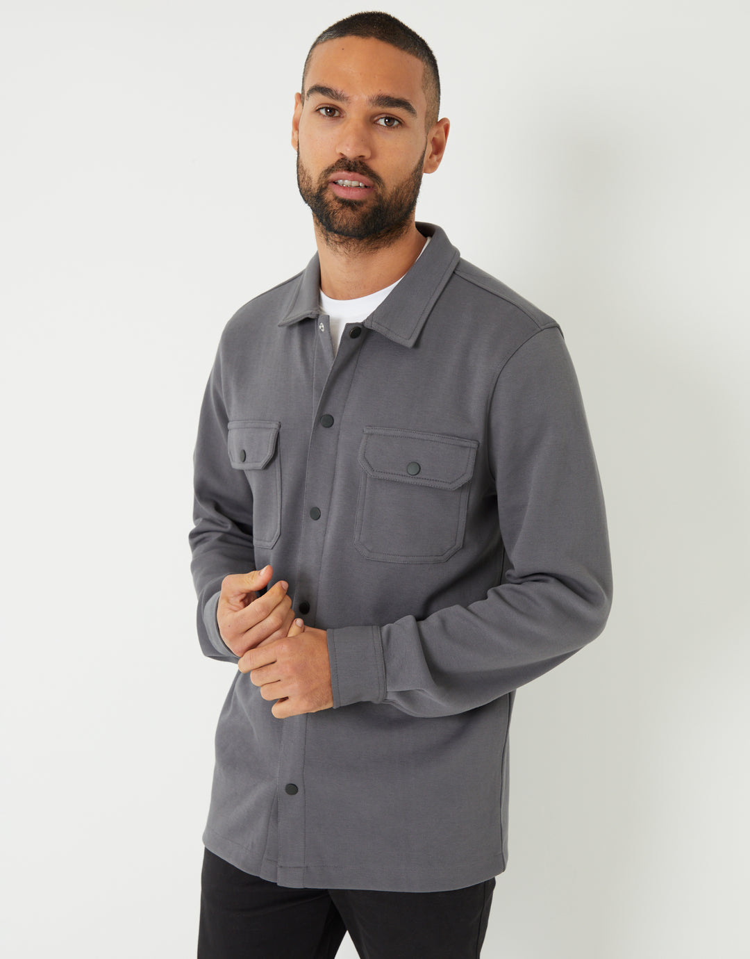 Slate Grey Pique Popper Fastening Shacket
