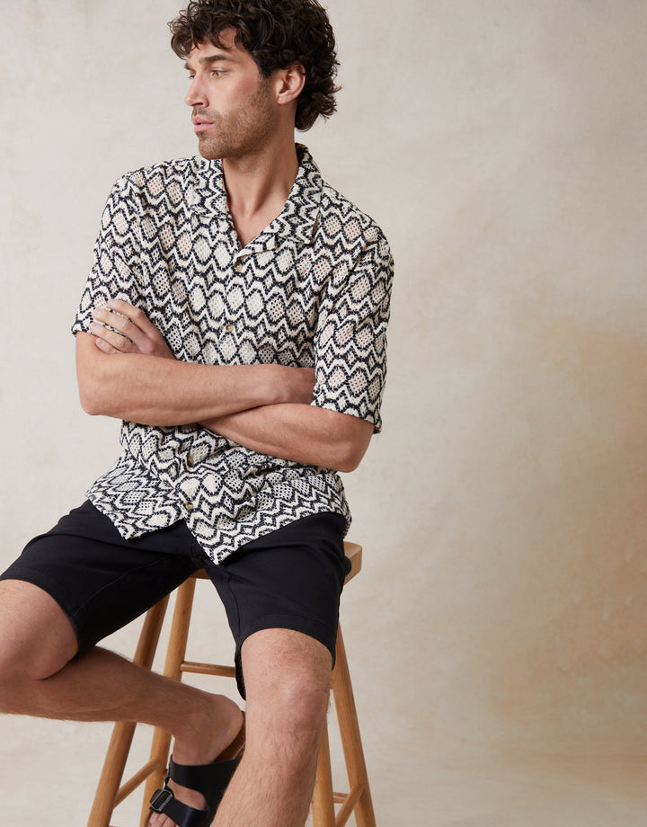 Crochet Patterned Textured Short Sleeve Shirt in Black & Ecru
