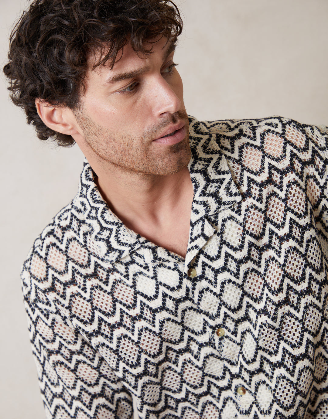 Crochet Patterned Textured Short Sleeve Shirt in Black & Ecru