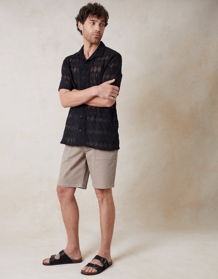 Crochet Patterned Textured Short Sleeve Shirt in Black