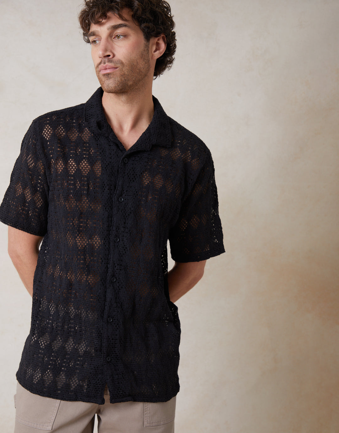 Crochet Patterned Textured Short Sleeve Shirt in Black
