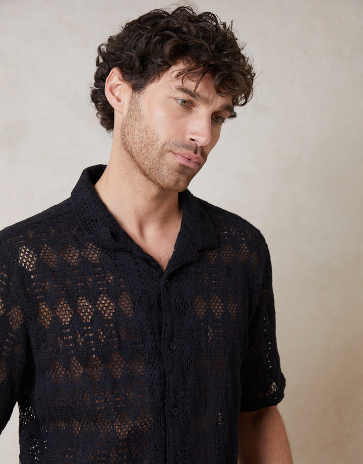 Crochet Patterned Textured Short Sleeve Shirt in Black