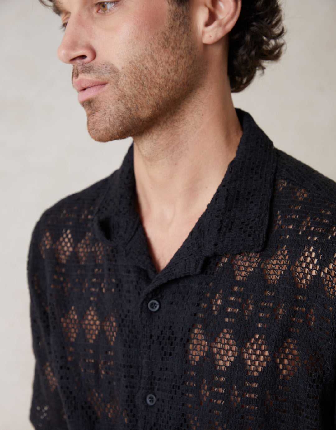Crochet Patterned Textured Short Sleeve Shirt in Black