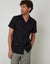 Black Cotton Pluck Textured Revere Collar Short Sleeve Shirt