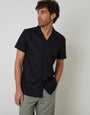 Black Cotton Pluck Textured Revere Collar Short Sleeve Shirt