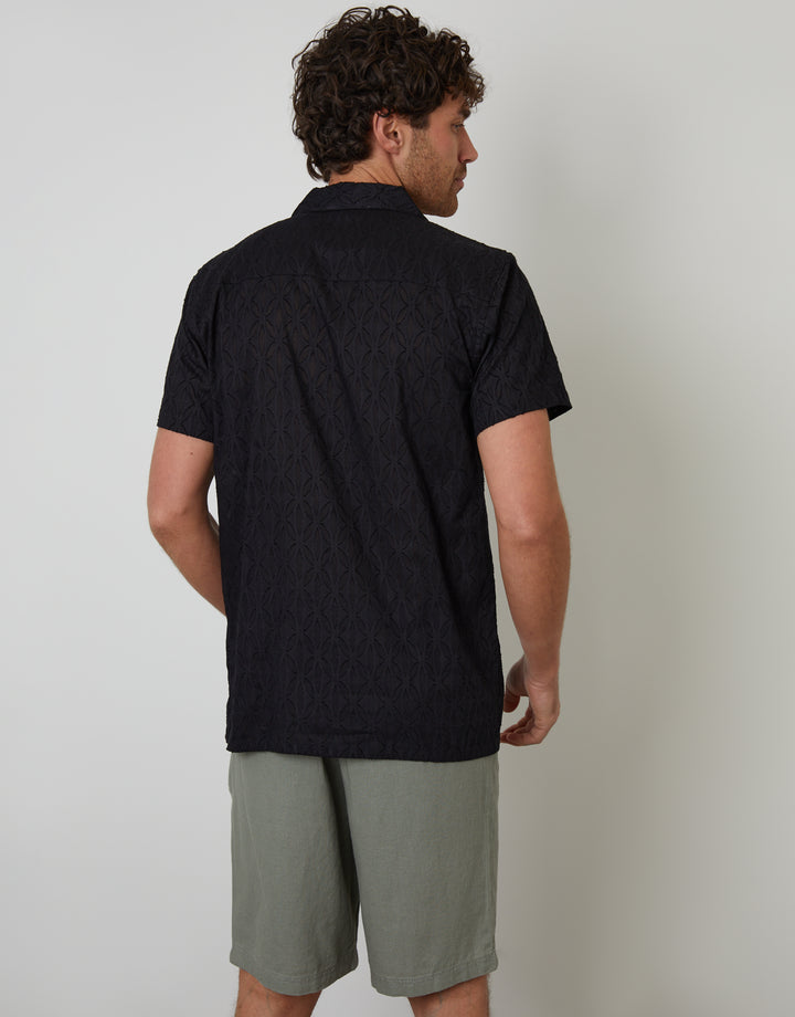 Black Cotton Pluck Textured Revere Collar Short Sleeve Shirt