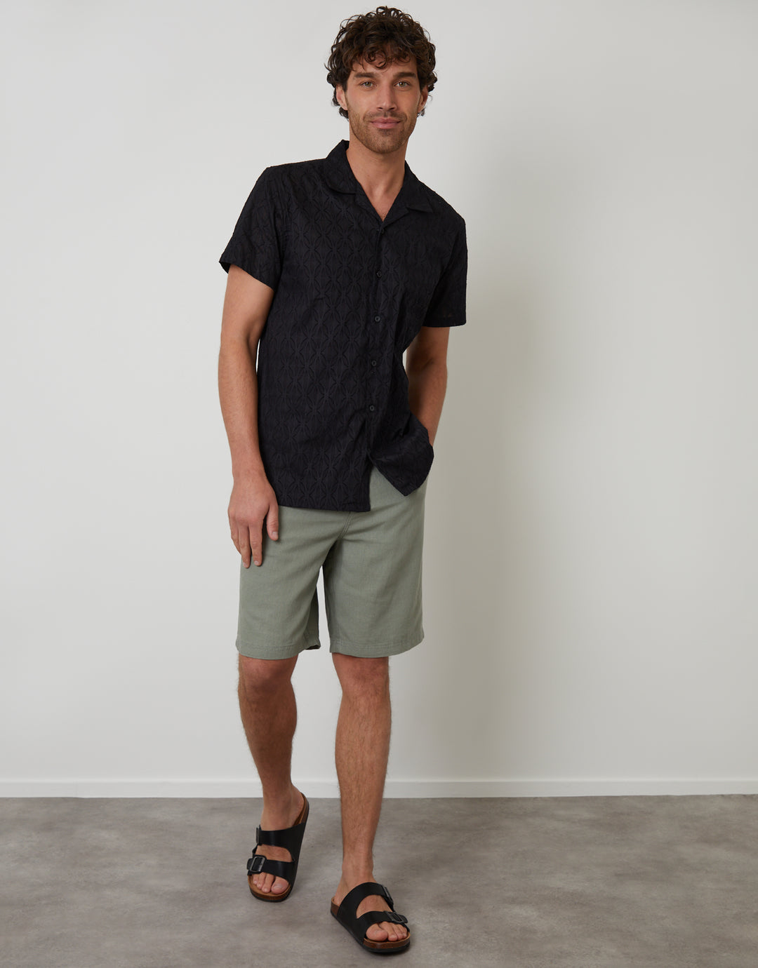 Black Cotton Pluck Textured Revere Collar Short Sleeve Shirt