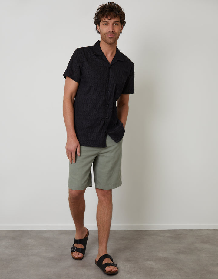 Black Cotton Pluck Textured Revere Collar Short Sleeve Shirt
