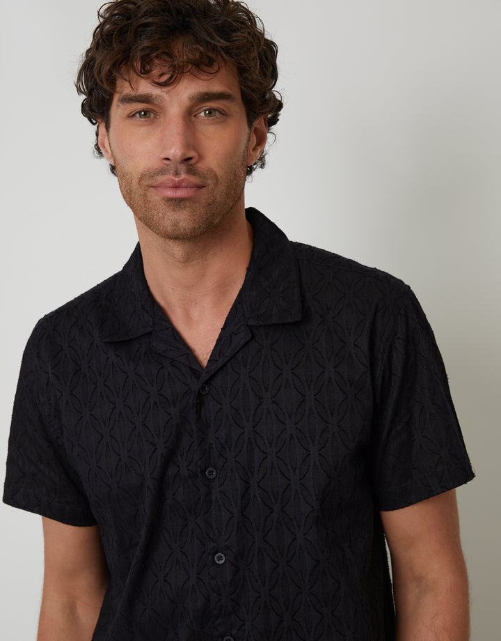 Black Cotton Pluck Textured Revere Collar Short Sleeve Shirt