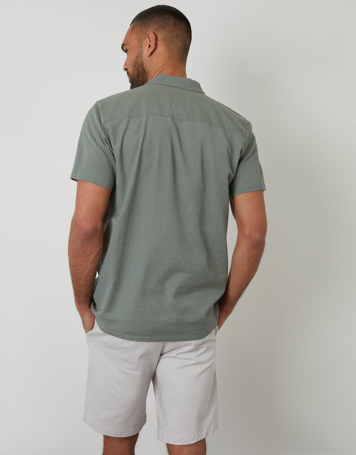 Sage Green Linen Blend Palm Embroidered Short Sleeve Shirt