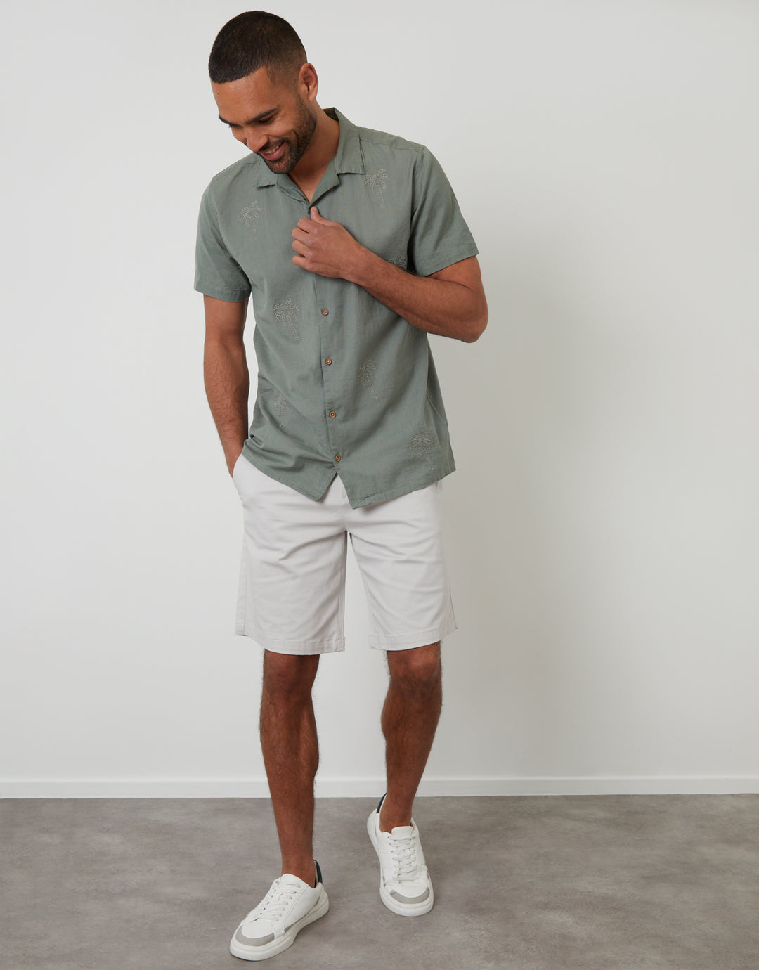 Sage Green Linen Blend Palm Embroidered Short Sleeve Shirt