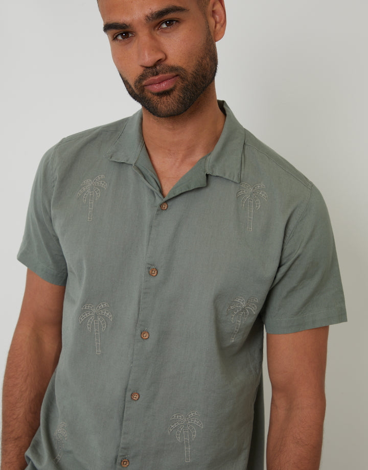 Sage Green Linen Blend Palm Embroidered Short Sleeve Shirt