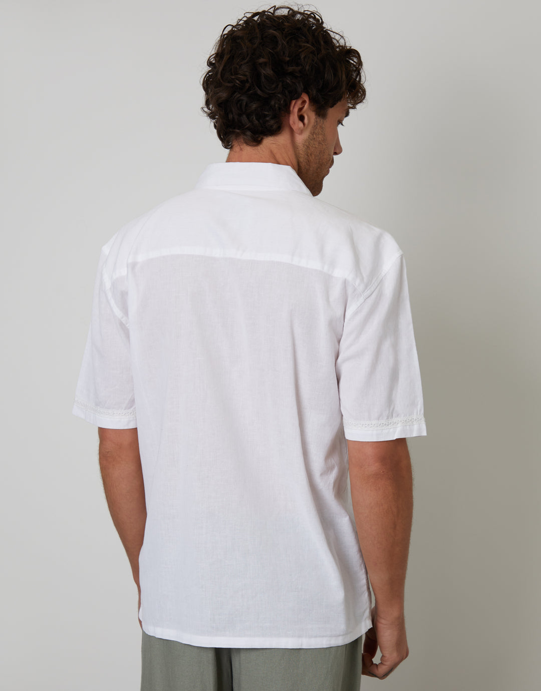 White Linen Blend Lace Trim Relaxed Fit Shirt