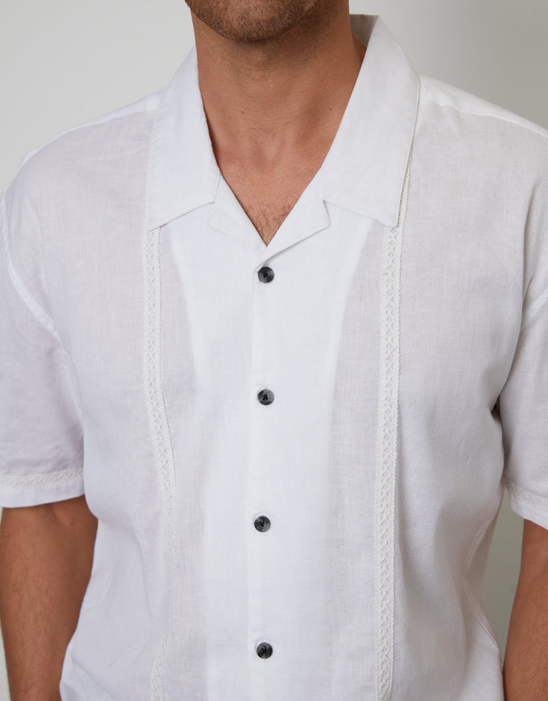 White Linen Blend Lace Trim Relaxed Fit Shirt