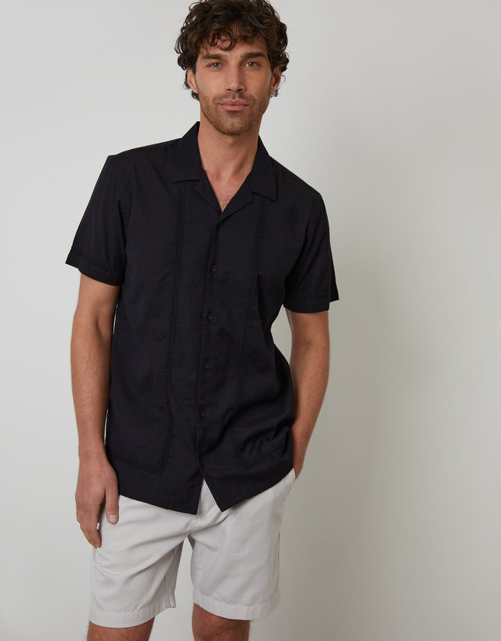 Relaxed Fit Linen Blend Lace Trim Shirt in Black