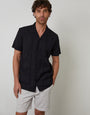 Relaxed Fit Linen Blend Lace Trim Shirt in Black