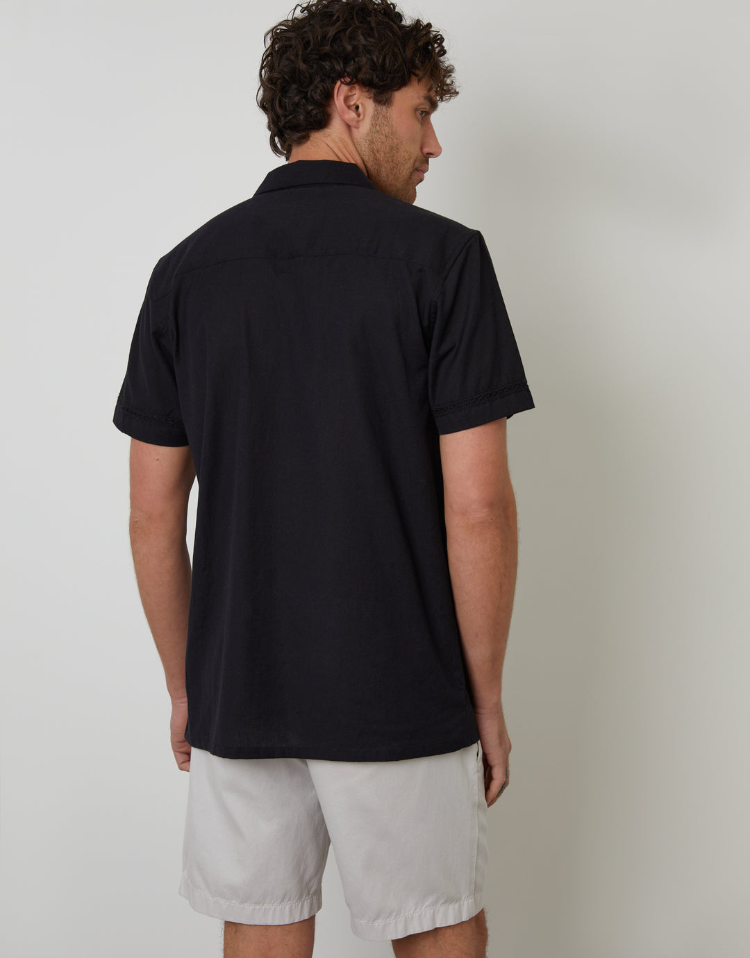 Relaxed Fit Linen Blend Lace Trim Shirt in Black