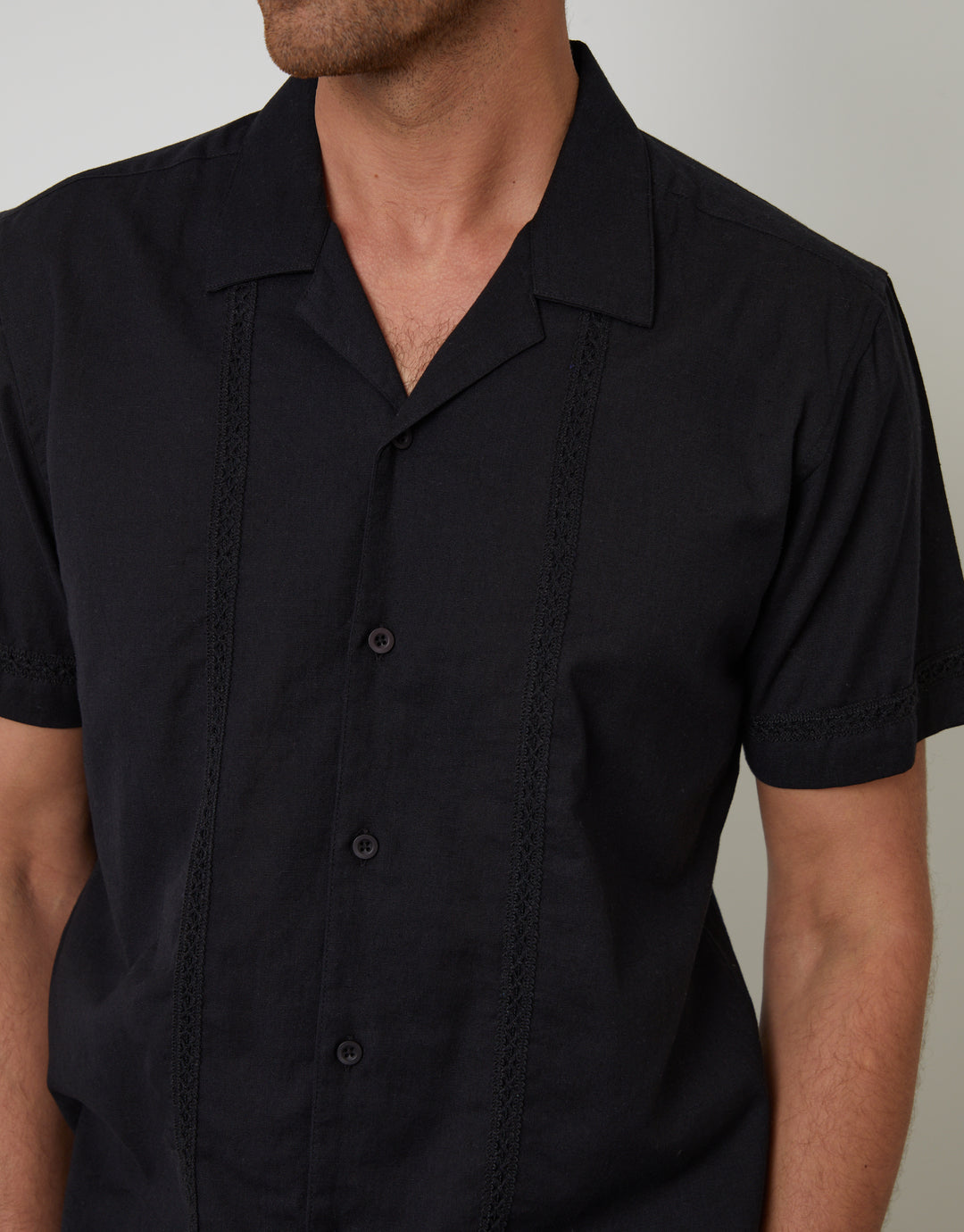 Relaxed Fit Linen Blend Lace Trim Shirt in Black