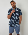 Floral Print Button Down Collar Short Sleeve Shirt in Navy