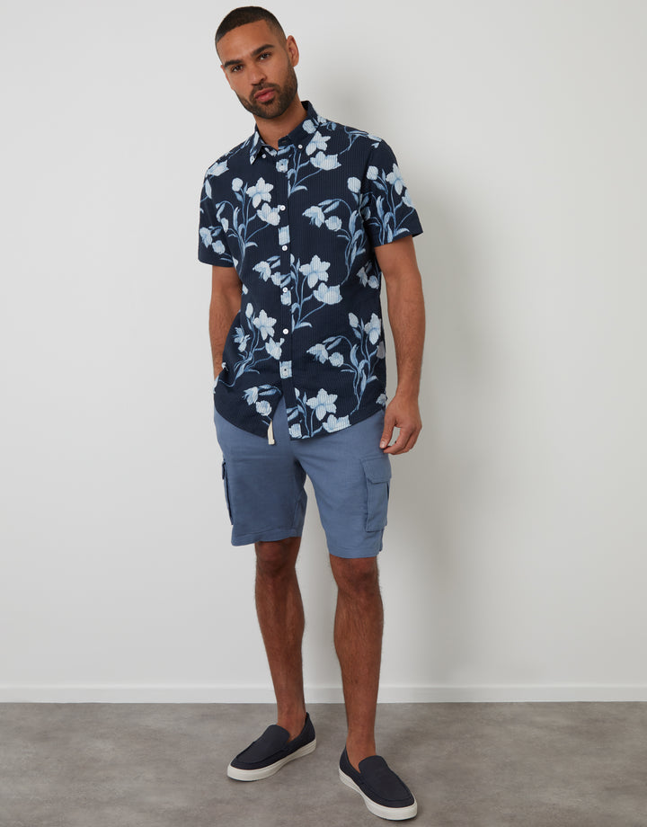 Floral Print Button Down Collar Short Sleeve Shirt in Navy