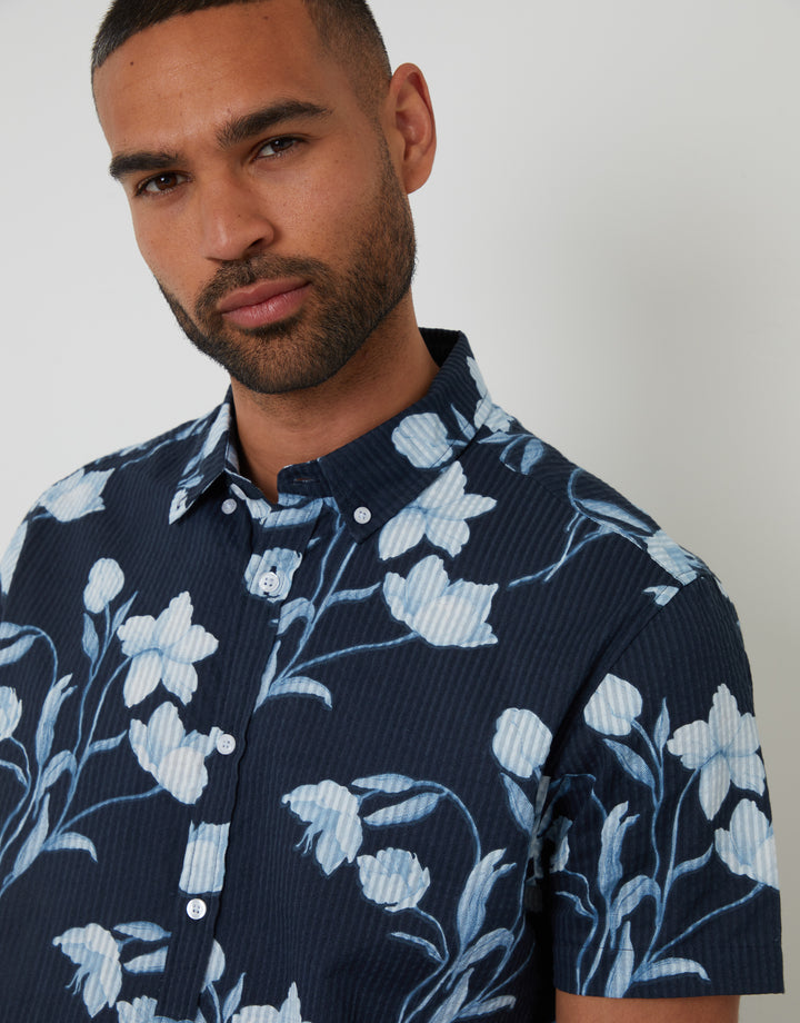 Floral Print Button Down Collar Short Sleeve Shirt in Navy