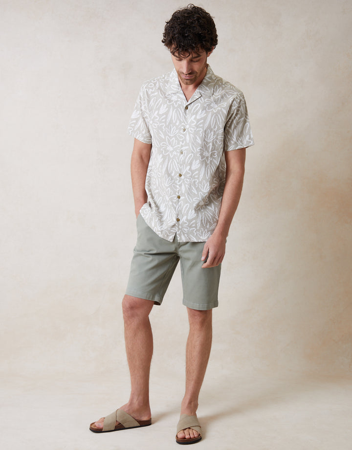 Abstract Floral Print Short Sleeve Shirt in Light Stone