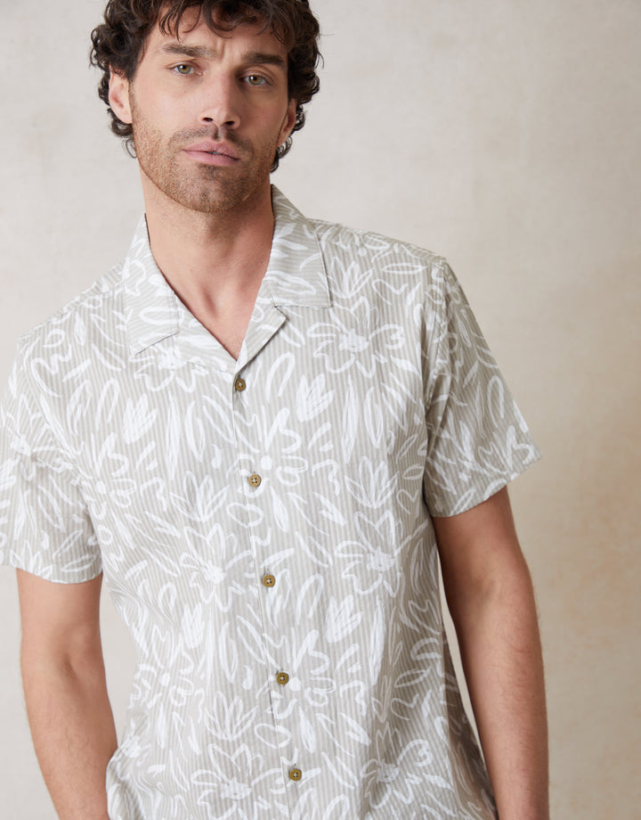 Abstract Floral Print Short Sleeve Shirt in Light Stone