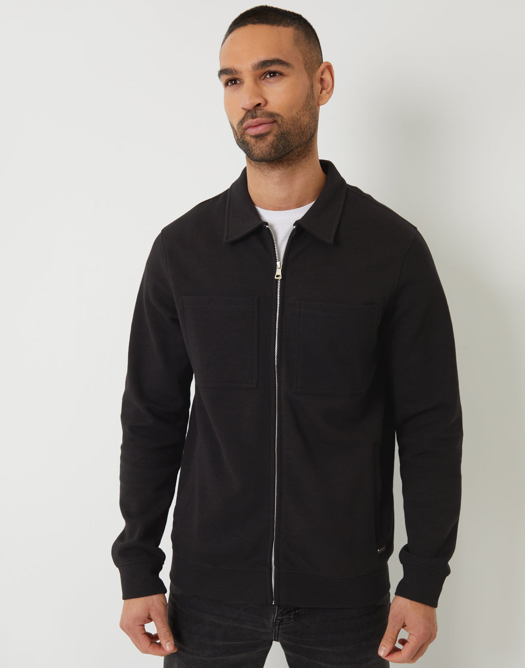 Black Pique Zip Through Shacket