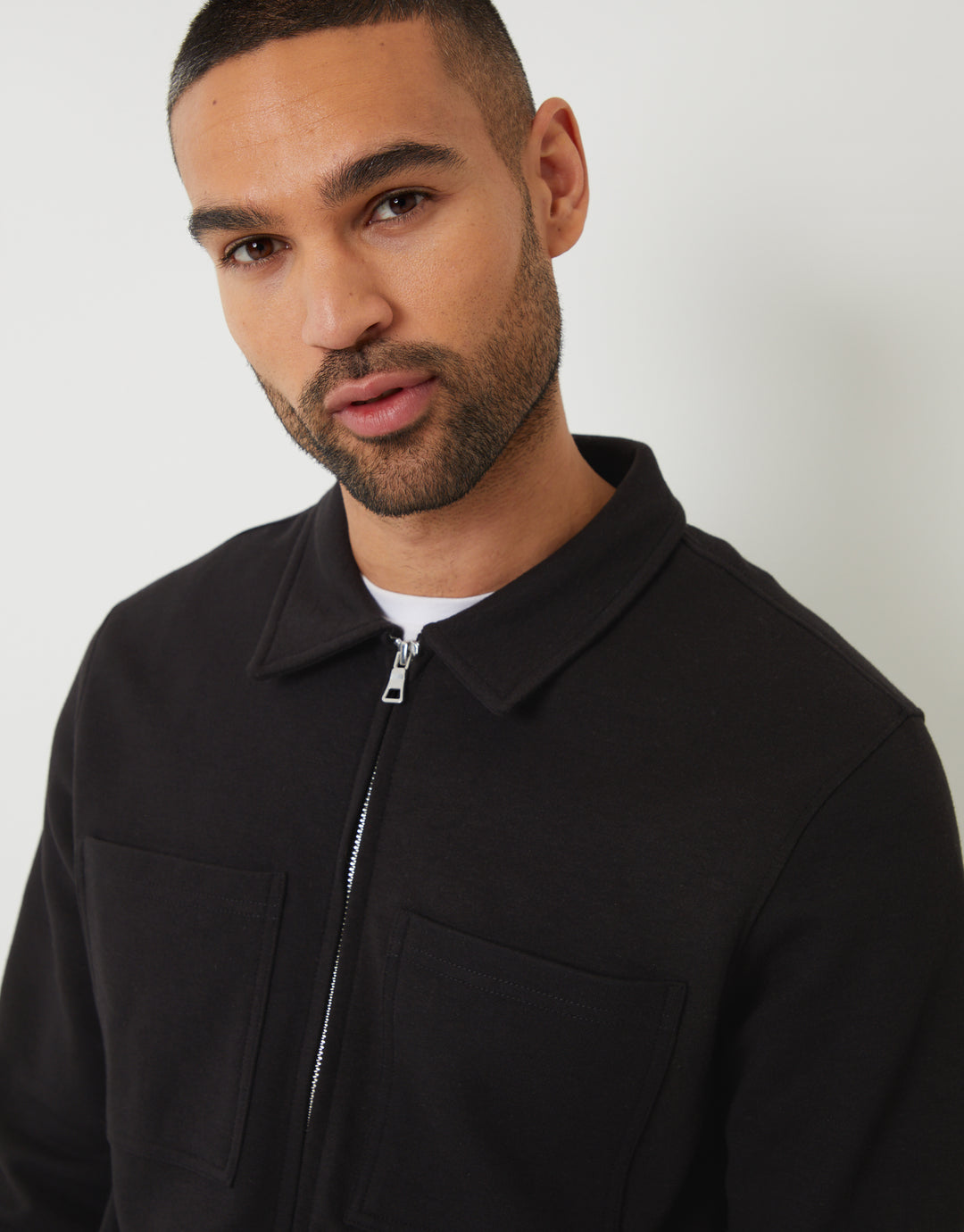 Black Pique Zip Through Shacket